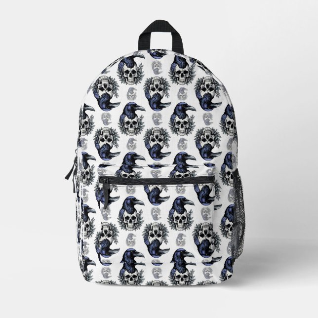 Black Bird On a Skull Goth Pattern Design  Printed Backpack (Front)