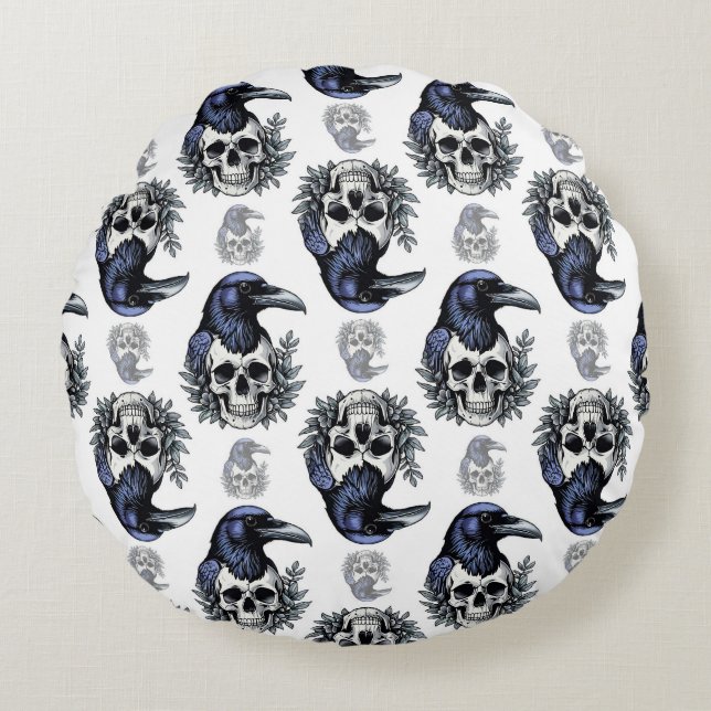 Black Bird On a Skull Goth Pattern Design  Round Cushion (Front)