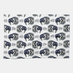 Black Bird On a Skull Goth Pattern Design  Tea Towel