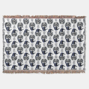 Black Bird On a Skull Goth Pattern Design Throw Blanket