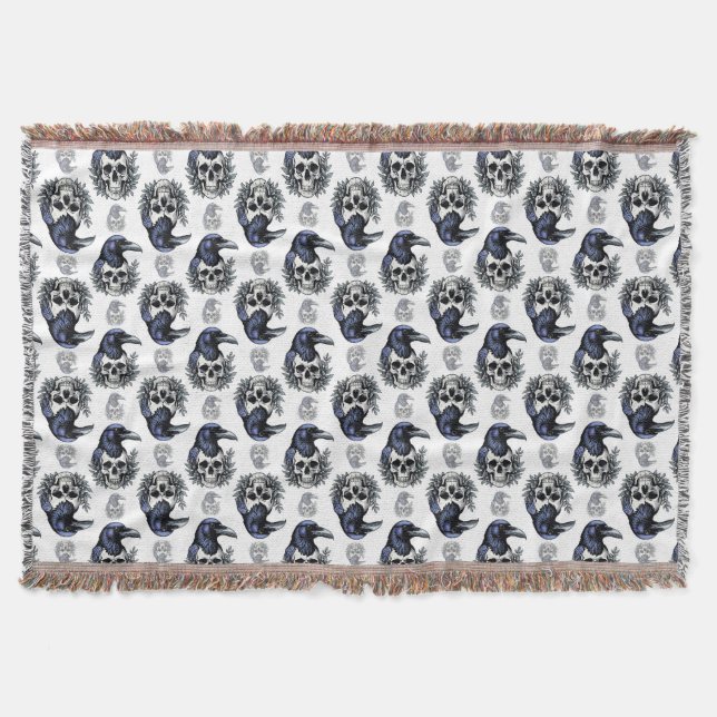 Black Bird On a Skull Goth Pattern Design  Throw Blanket (Front)