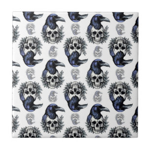 Black Bird On a Skull Goth Pattern Design Tile
