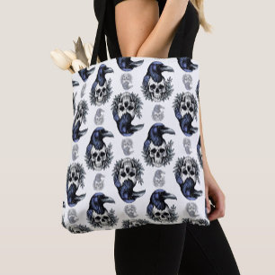 Black Bird On a Skull Goth Pattern Design Tote Bag