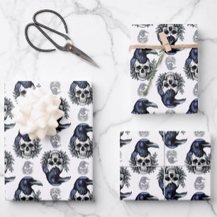 Black Bird On a Skull Goth Pattern Design Wrapping Paper Sheet