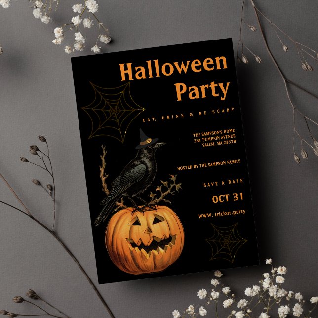 Black bird orange jack lantern Halloween Party Invitation (Black bird orange jack lantern Halloween Party)