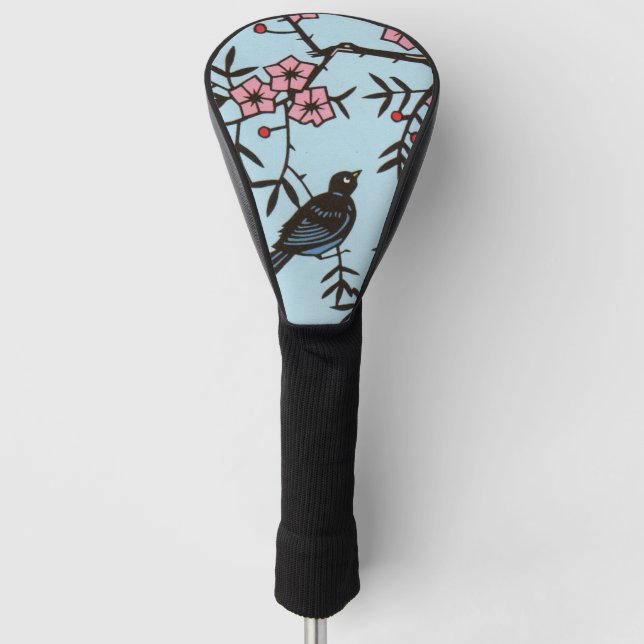 Black Bird Tree Cherries Pink Blossoms Blue Golf Head Cover (Front)