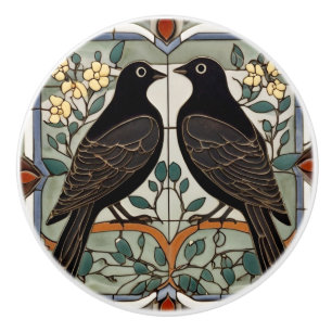 Black Birds Faux Stained Glass Bird Couple Ceramic Knob