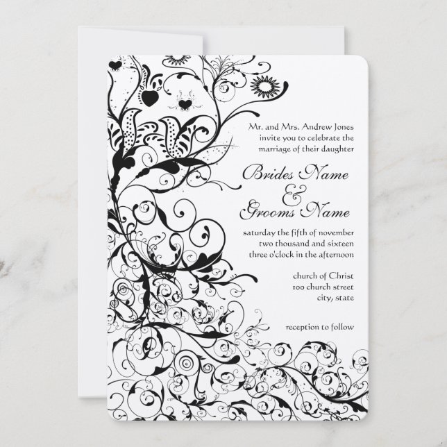 Black Birds & Swirls Wedding Invitation (Front)