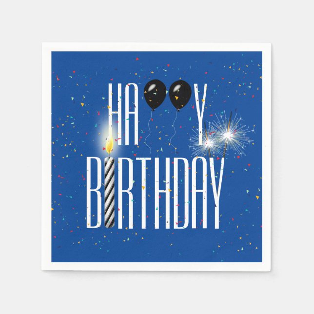 Black Birthday Balloons and Sparklers on Blue Napkin (Front)
