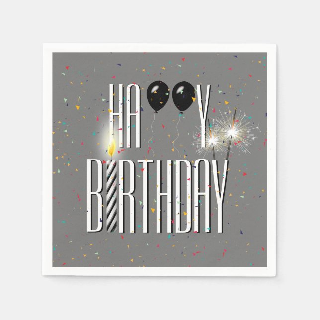 Black Birthday Balloons and Sparklers on Grey Napkin (Front)