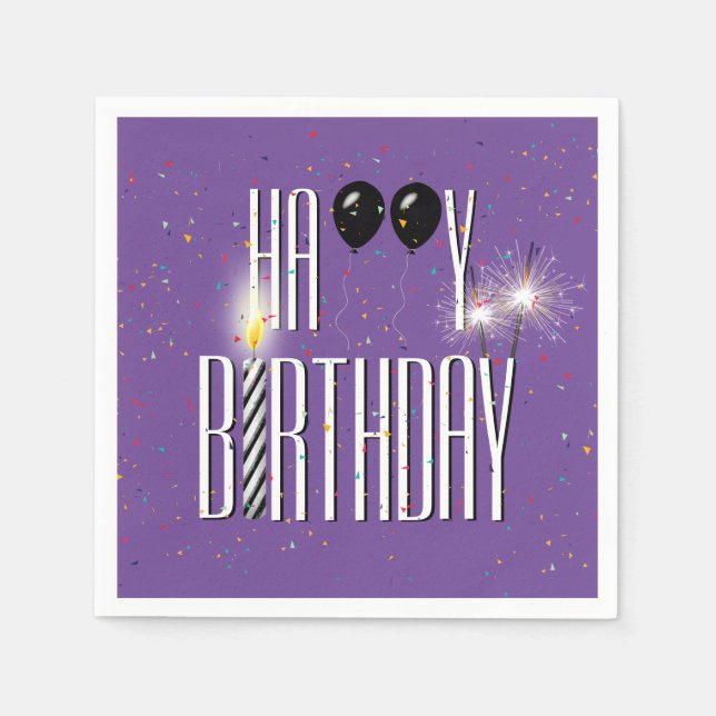 Black Birthday Balloons and Sparklers on Purple Napkin (Front)