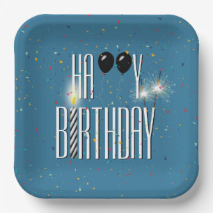 Black Birthday Balloons and Sparklers Paper Plate