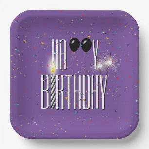 Black Birthday Balloons and Sparklers  Paper Plate