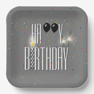 Black Birthday Balloons and Sparklers  Paper Plate