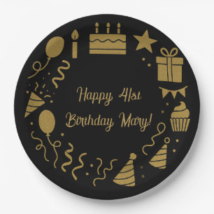 Black Birthday Luxurious Gold Customisable Text Paper Plate