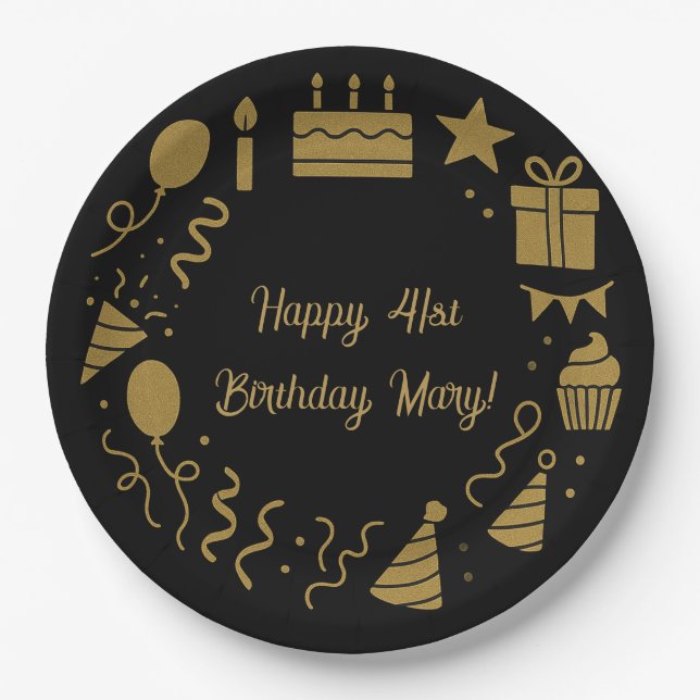 Black Birthday Luxurious Gold Customisable Text  Paper Plate (Front)
