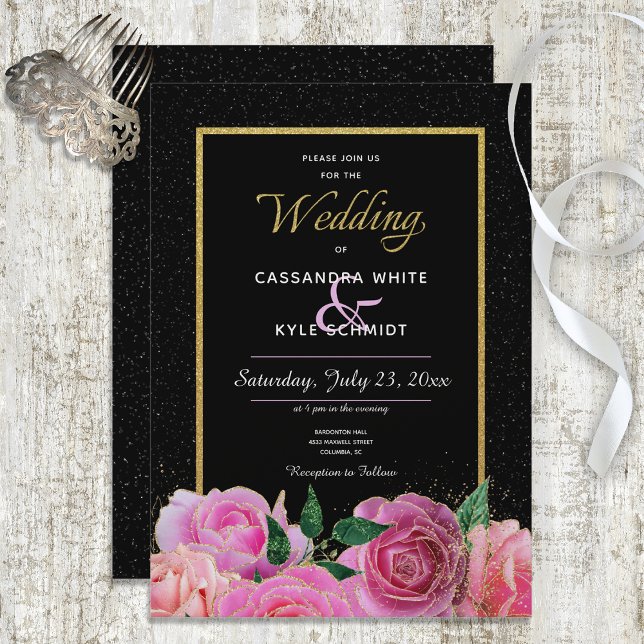 Black & Black Glitter & Pink Roses Wedding Invitation (Creator Uploaded)