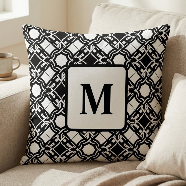 Black Black White Art Deco Monogram Pattern Cushion (Creator Uploaded)