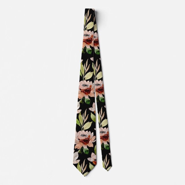 Black Blossom Watercolor Floral Pattern Tie (Front)