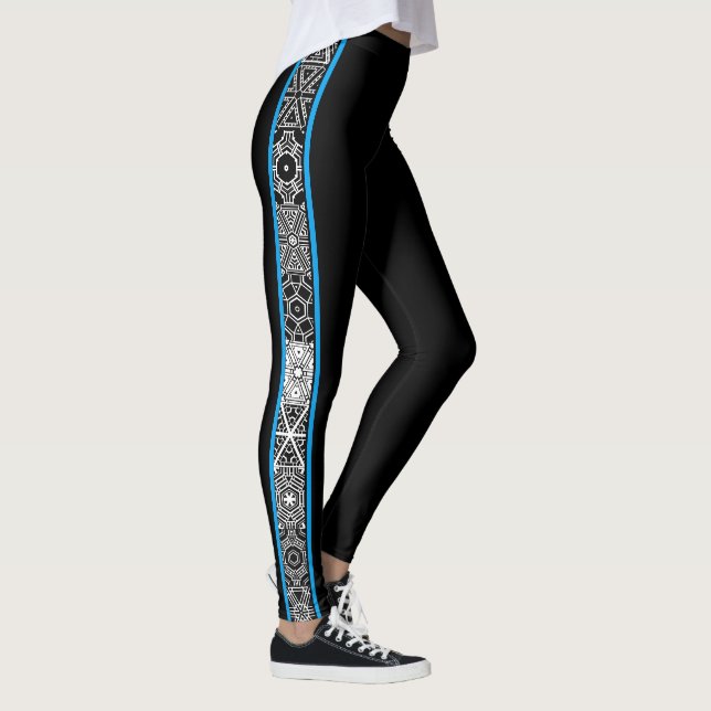 Black Blue Abstract Geometric Pattern Modern Leggings (Right)