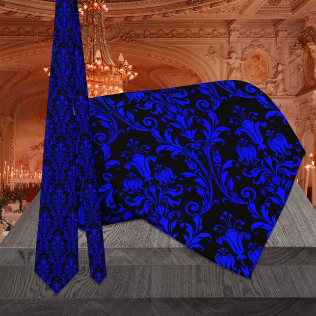Black & Blue Acanthus Leaf Damask Floral Wedding Tie (Creator Uploaded)