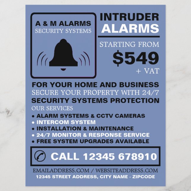 Black & Blue Alarm Logo, Security Alarm Service  Flyer (Front)