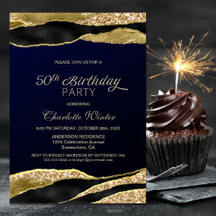 Black Blue and Gold 50th Birthday Party Invitation