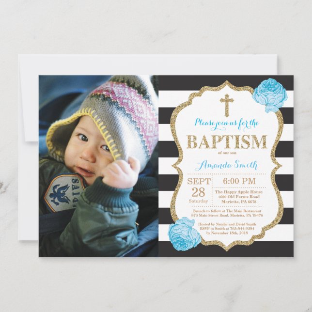 Black Blue and Gold Glitter Baptism Invitation (Front)
