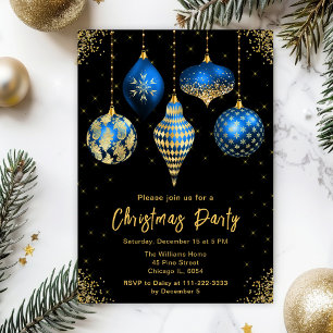 Black, Blue and Gold Ornaments Christmas Party Invitation