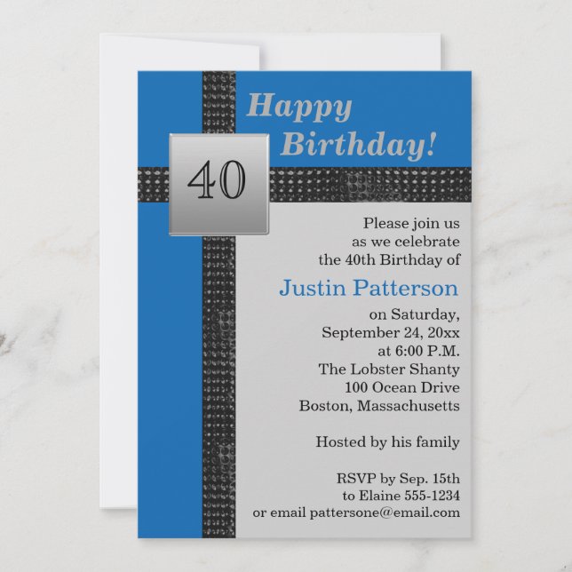 Black, Blue, and Grey 40th Birthday Invitation (Front)