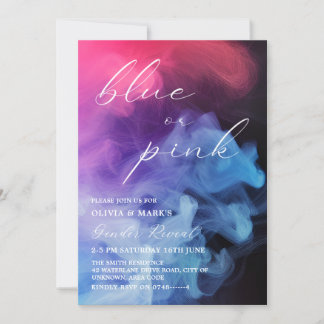 Black Blue and Pink Smoke Baby Gender Reveal Invitation