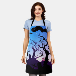 Black, blue and purple haunted graveyard Halloween Apron