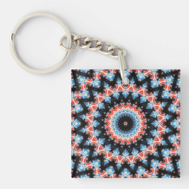 Black, blue and red Mandala Star Key Ring (Front)