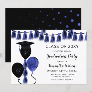 Black Blue Balloons Grad Hat Graduation Party Invitation