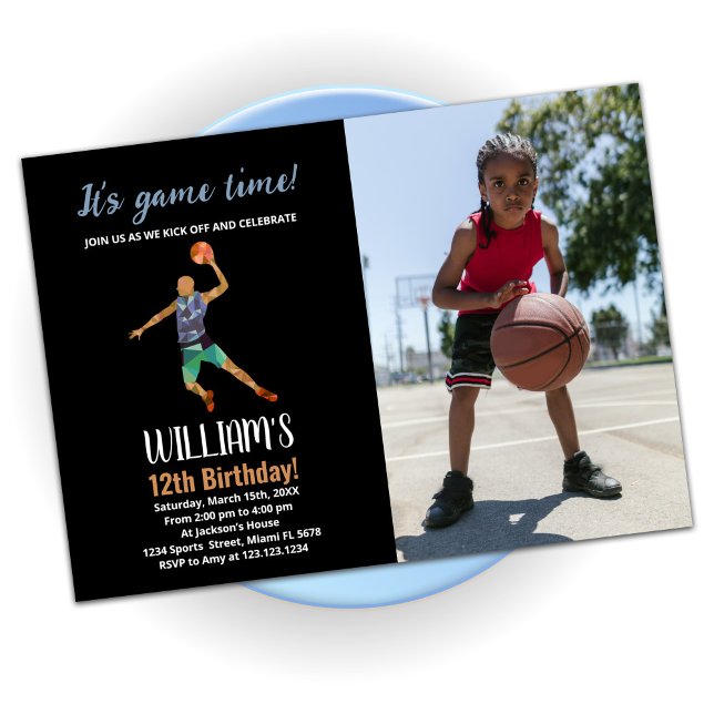 Black Blue Basketball Birthday With Photo Invitation (Creator Uploaded)