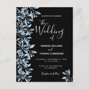 Black blue botanical script wedding invitation postcard