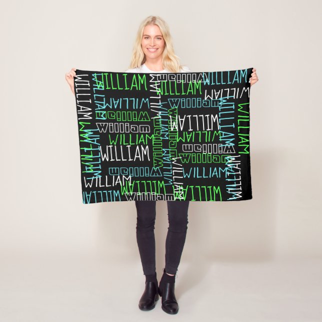 Black Blue Boys Personalised Custom Name Fleece Blanket (In Situ)