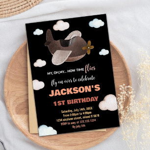 Black Blue Brown Aeroplane Birthday Invitations