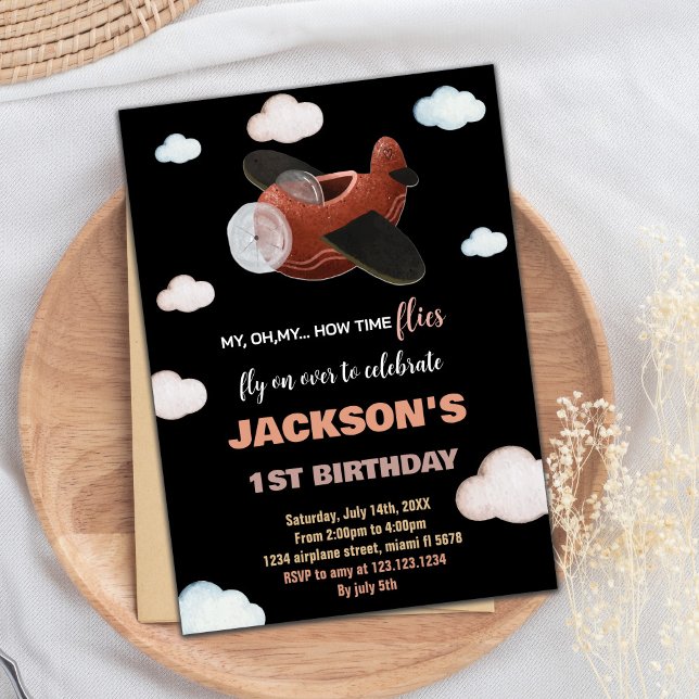 Black Blue Brown Aeroplane Birthday Invitations (Black Blue Brown Airplane Birthday Invitations)