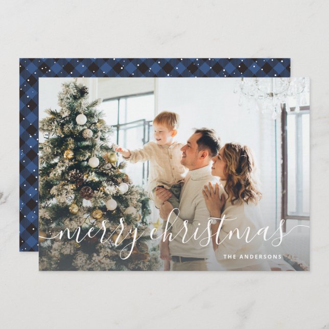 Black Blue Buffalo Plaid Photo Merry Christmas Holiday Card (Front/Back)