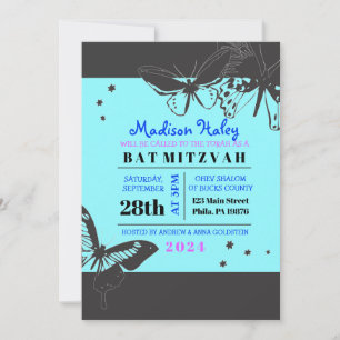 BLACK & BLUE BUTTERFLY Bat Mitzvah Invitation