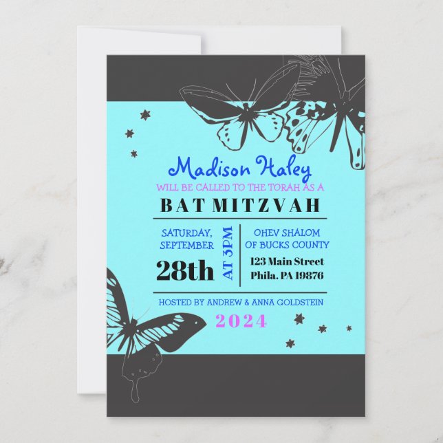 BLACK & BLUE BUTTERFLY Bat Mitzvah Invitation (Front)