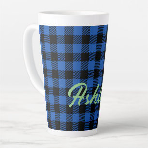 Black Blue Chequered Buffalo Pattern   Personalise Latte Mug