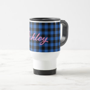 Black Blue Chequered Buffalo Pattern   Personalise Travel Mug
