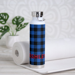 Black Blue Chequered Buffalo Pattern   Personalise Water Bottle