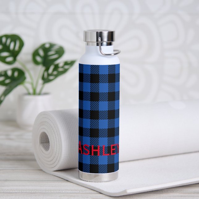 Black Blue Chequered Buffalo Pattern | Personalise Water Bottle (Yoga)
