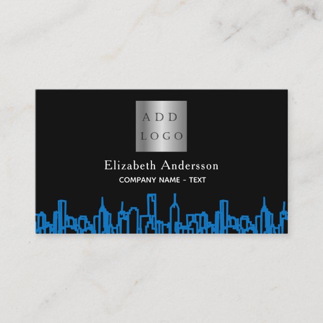 Black blue city skyline real estate logo business card (Front)
