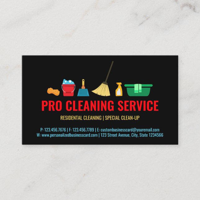 Black blue Cleaning janitorial Supplies house maid Business Card (Front)