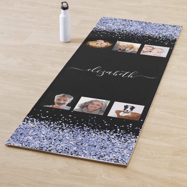 Black blue confetti name photo collage yoga mat (In Situ)