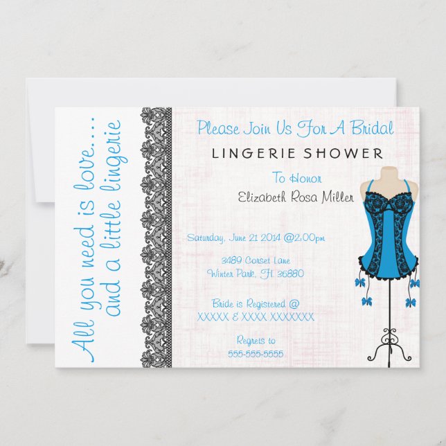 Black & Blue Corset Lingerie Bridal Shower Invite (Front)